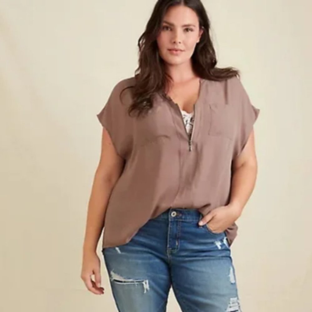 Torrid  TAUPE GEORGETTE ZIP FRONT DOLMAN BLOUSE